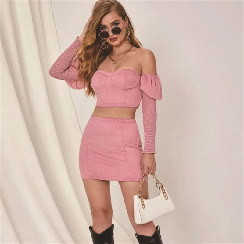 

TRODEAM Sexy Summer 2 Two Piece Set Ruffles Off Shoulder Pink Outfit Long Sleeve Crop Top Fashion Outfits Skirt Suit mini dress