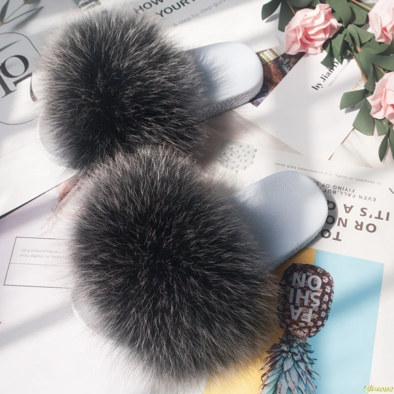 Белые летние шлепанцы с лисьим мехом милые плюшевые Коллекция 100% года Роскошные