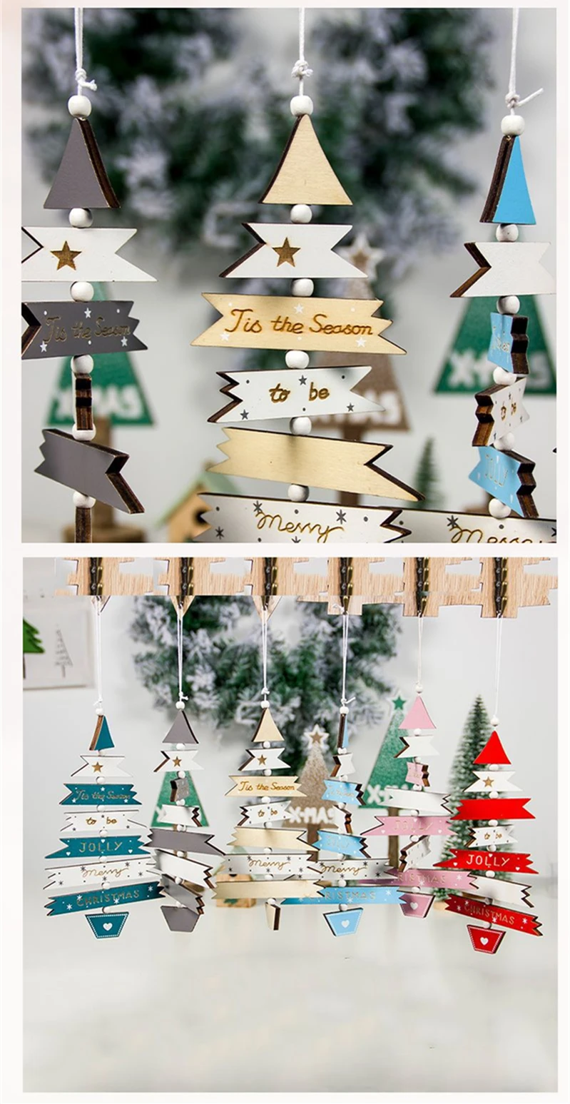 Creative Painted Wooden Christmas Tree Hanging String Christmas Pendant Window Display Ornaments Xmas Party Decors Kids Gift Toy