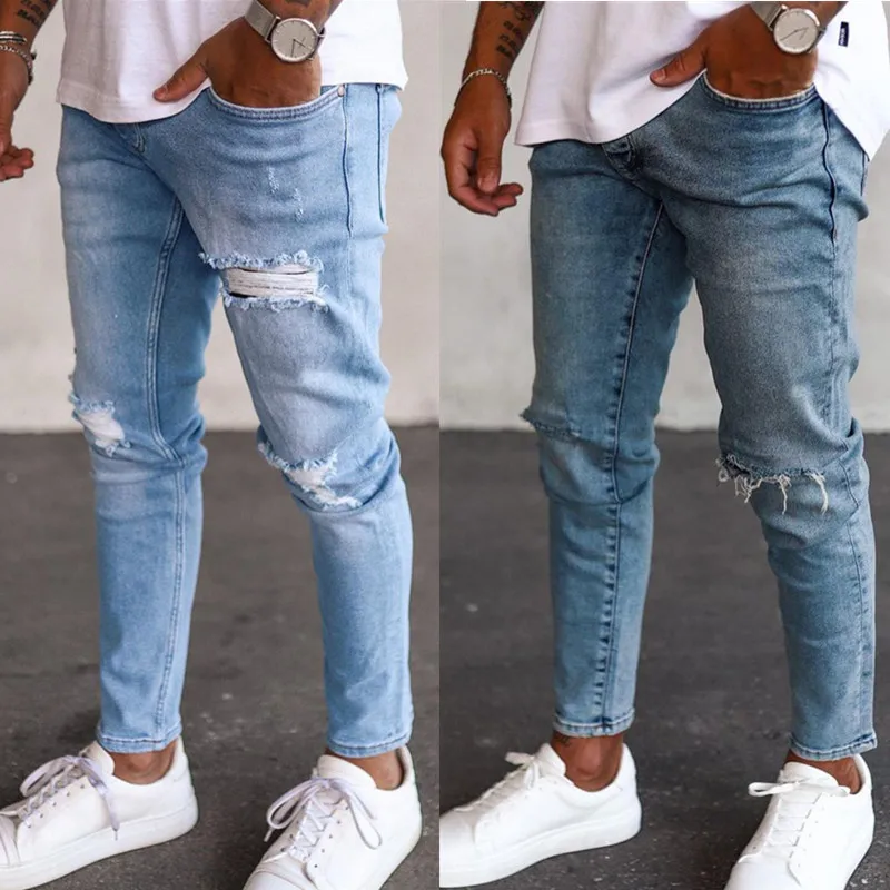 

Nice Autumn Korean Version of The Pop Men's Jeans Men's Stretch Light-colored Ripped Slim-fit Jeans Men's Fashion Denim Trousers