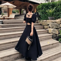 elegant french black fashion dress womens2021summer new elegant temperament square collar backlesshepburn style black dress