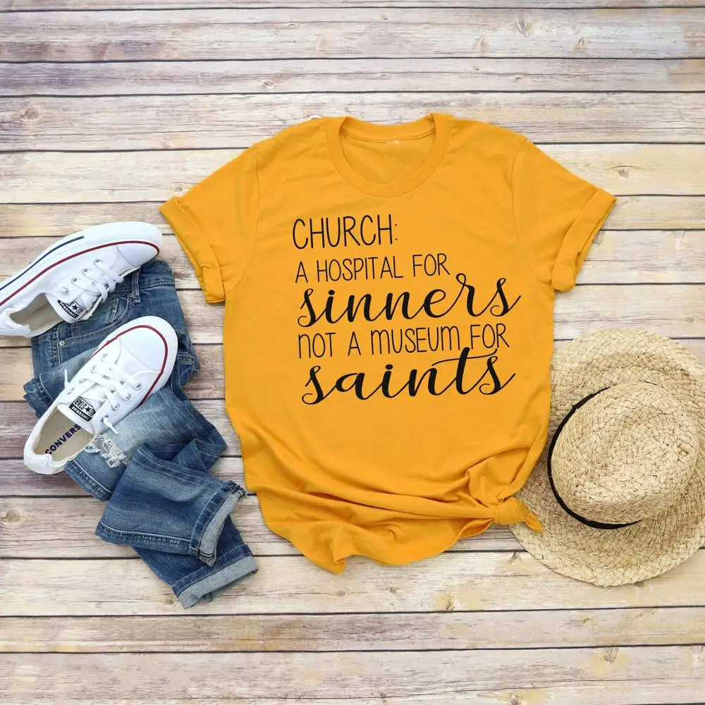 

Church is a hospital sinner t shirt slogan women fashion cotton casual Christian Bible baptism personality tees quote tops M128