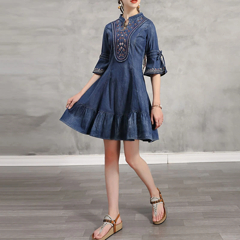 

SeeBeautiful Vintage Denim Dress Female Ruffles Embroidery V-neck Flare Sleeve Loose Summer 2022 New Fashion L155