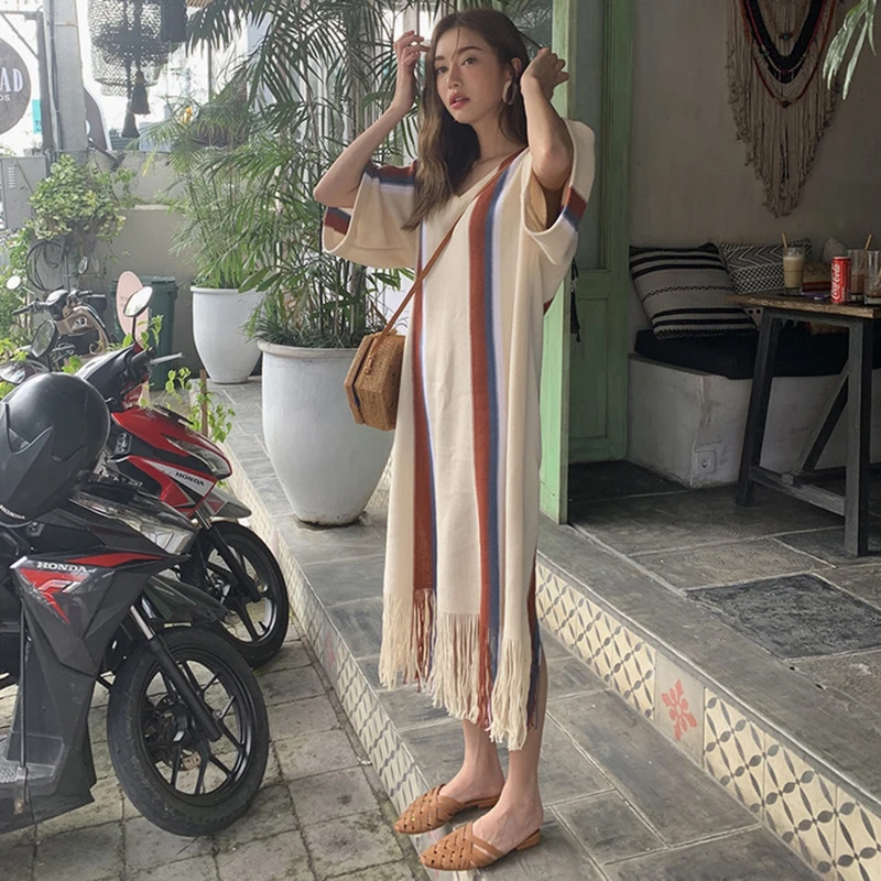 

SuperAen Retro Elegant V-neck Loose Hem Tassel Ankle-Length Half Dresses for Women