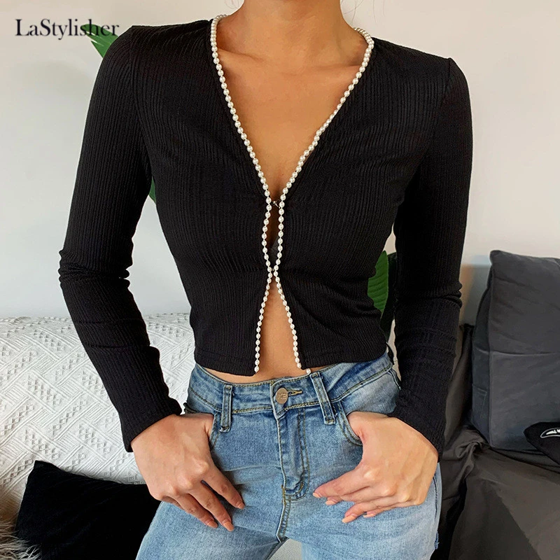 Женский стильный свитер черный Укороченный кардиган с бисером и длинным рукавом