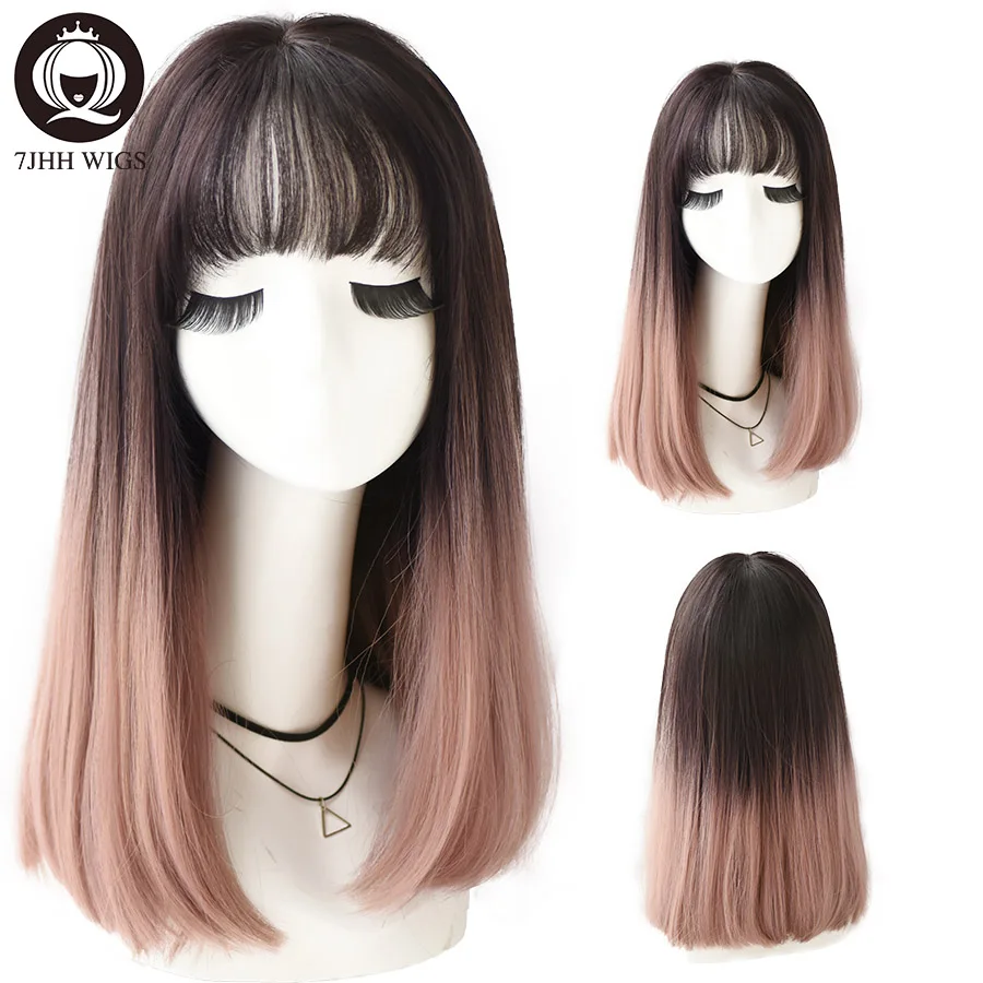 

7JHH WIGS Long Straight Wig For Women Omber Black Purple Layered Synthetic Wig Heat Resistant Fashion Natural Soft Wig
