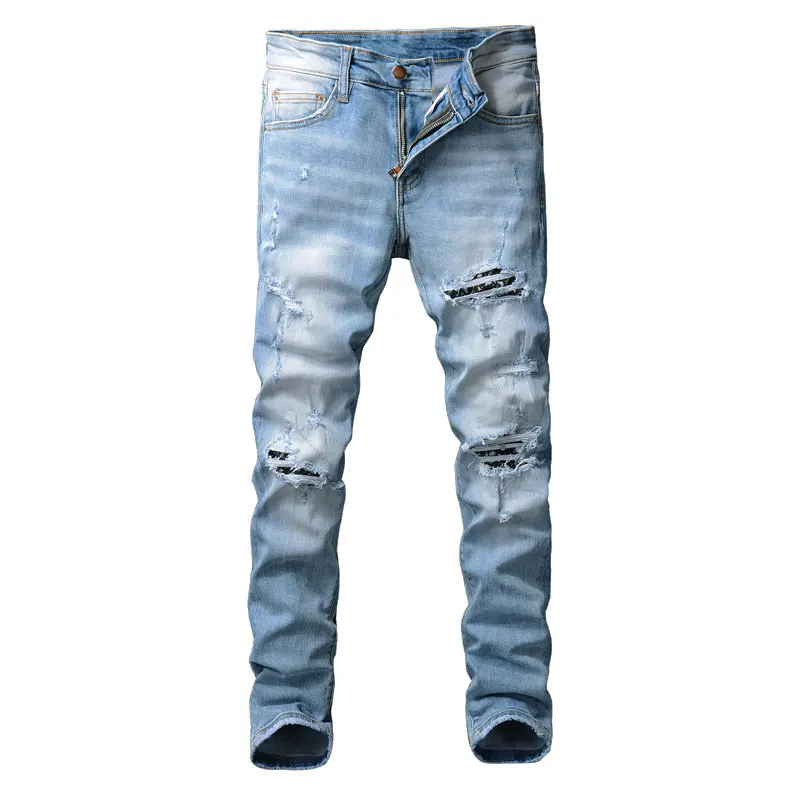 American Street Fashion Men Jeans Retro Light Blue Slim Fit Ripped Jeans Men Destroyed Patch Designer Hip Hop Denim Punk Pants