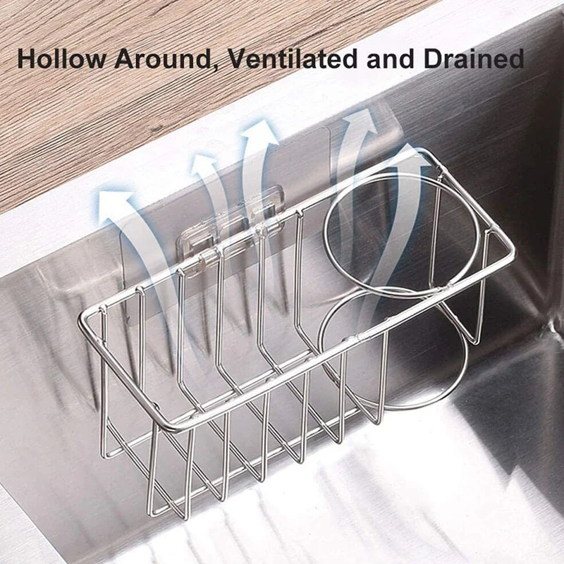 

Adhesive Sink Caddy Sponge Holder + Brush Holder 2-In-1 Premium Stainless Steel Kitchen Sink Caddy Sponge Holders