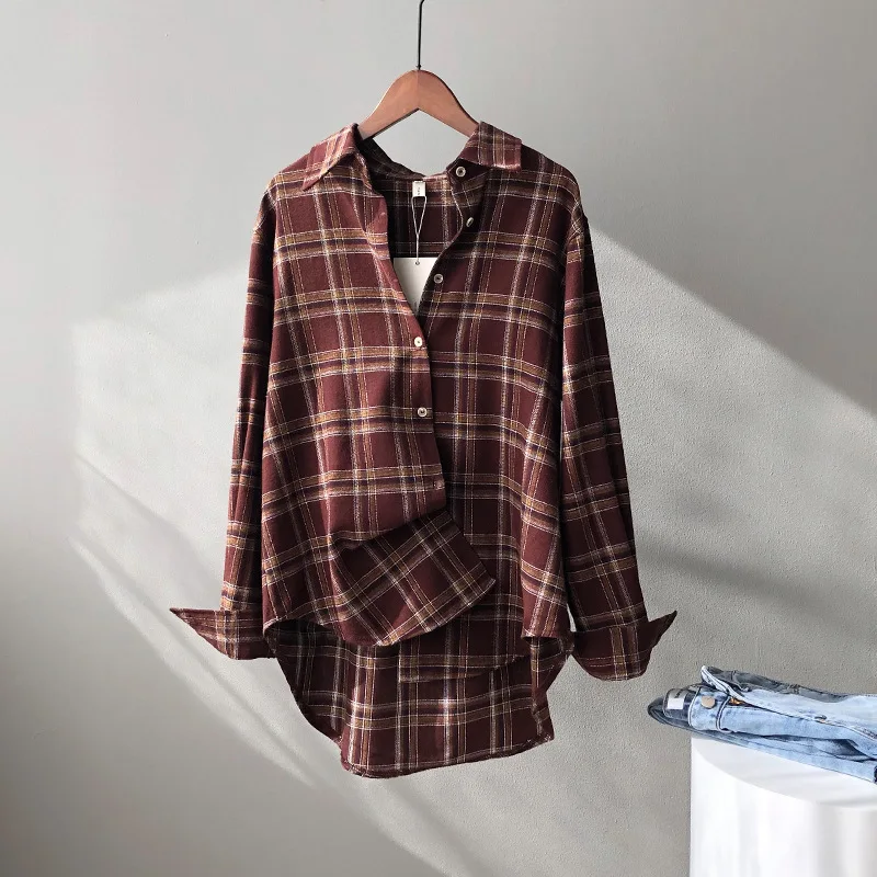 

Simgent Plaid Blouse Women Cotton Spring Autumn Long Sleeve Turn Down Collar Thick Casual Blouse Woman Clothing Blusas SG12141