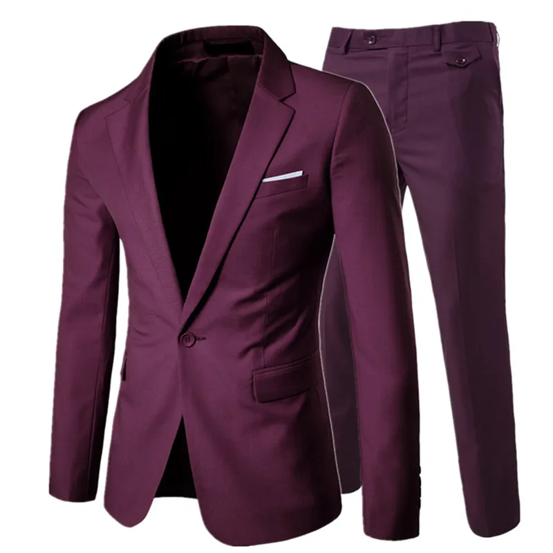 Dark red 2-pcs set Куртка+ брюки+ жилет) Роскошные мужские повседневные Свадебные смокинги мужская одежда мужской тонкий костюм модные мужские деловые вечерние костюмы - Цвет: Dark red 2-pcs set