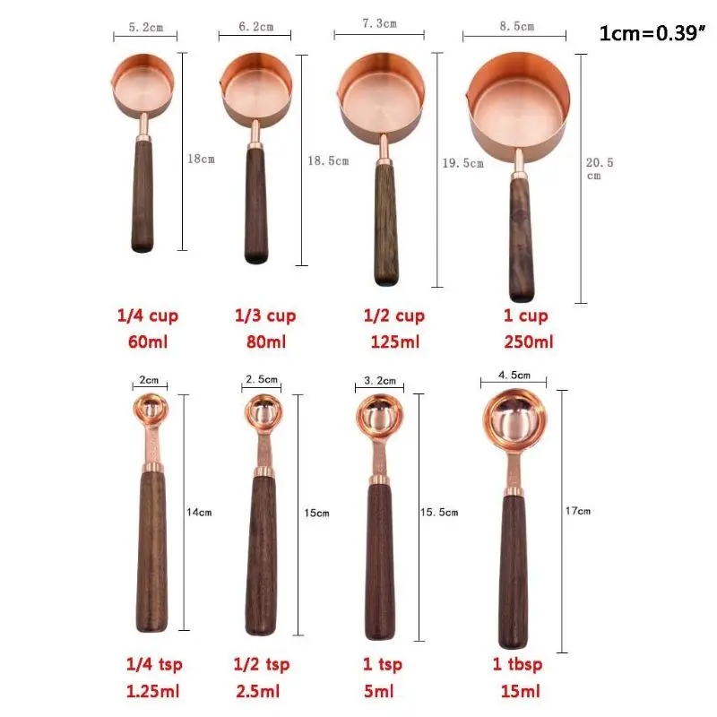 

8Pcs Walnut Wooden Handle Stainless Steel Measuring Cups and Spoons Set Coffee Sugar Scoop Baking Kitchen Measuring Tool