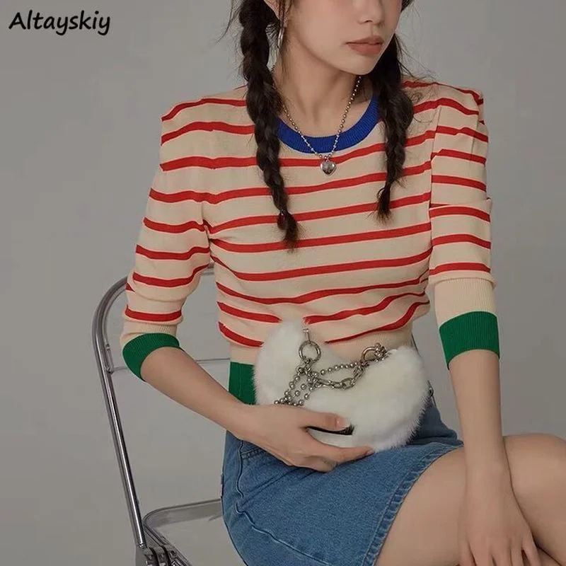 

Pullovers Women Striped Spring Student Cozy Stylish Round Neck Female Simple Three Quarter Street Style Crops Ins Teens Clothing