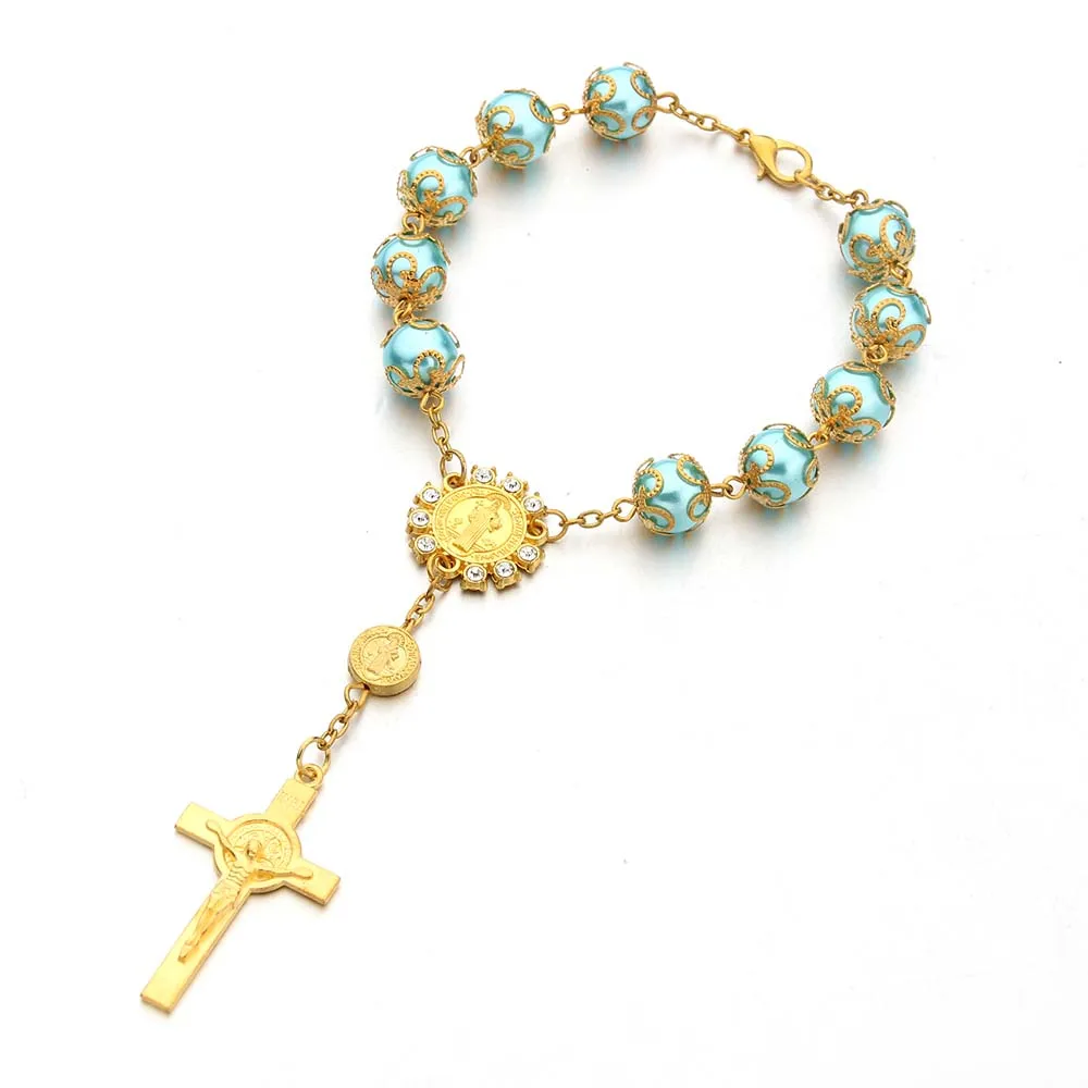 

100 Pieces Random Mix Handmade Elasticated Gold Wire Wrap Pearl Bead Rosary Bracelet With Charms Cross Catholic