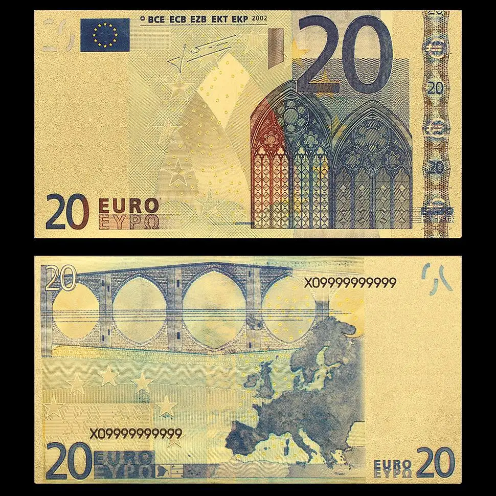 M006G-20 Цветные европейские золото banknotes 10 Банкноты евро в 24k Золотая фольга поддельные деньги для коллекции 5 20 50 100 200 500 Упаковка из 2 шт - Цвет: M006G-20