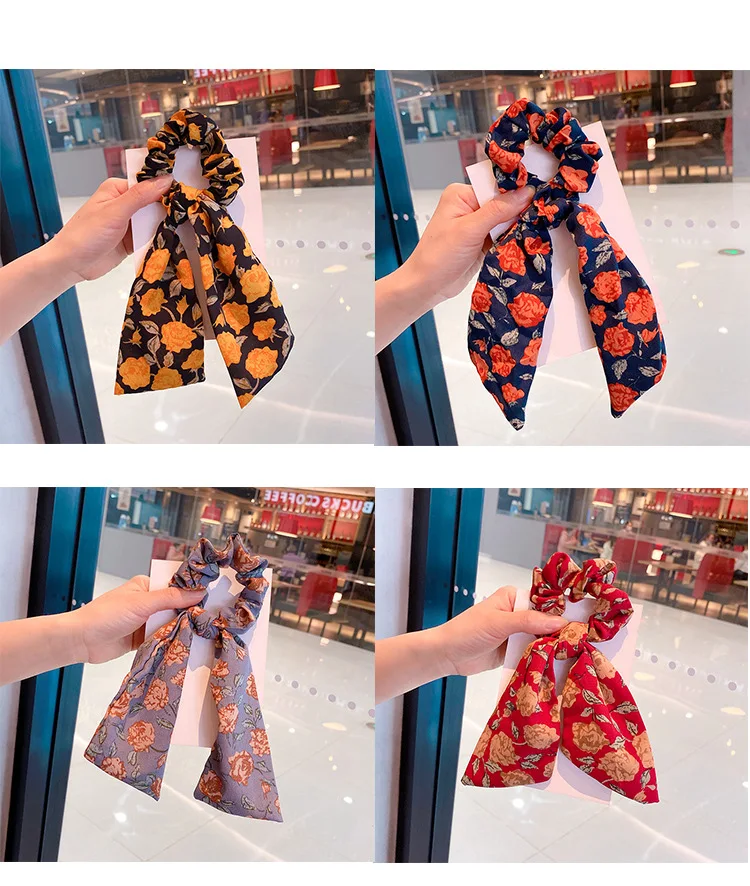 

Floral Print Bow Satin Long Ribbon Ponytail Scarf Hair Rope Hair Tie Scrunchies Women Girls Elastic Hair Bands Hair Accessories