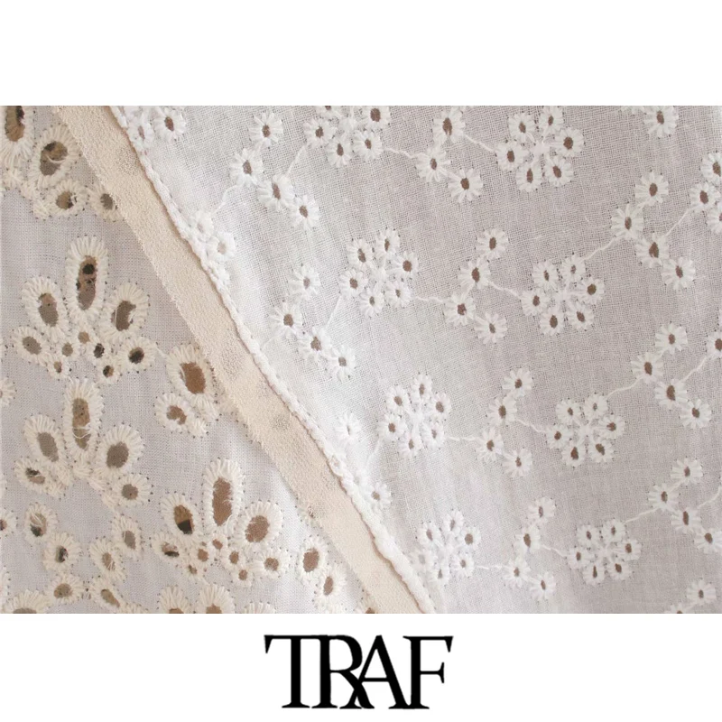 

TRAF Women Chic Fashion Cutwork Embroidery Midi SKirt Vintage High Elastic Waist With Lining Female Skirts Mujer