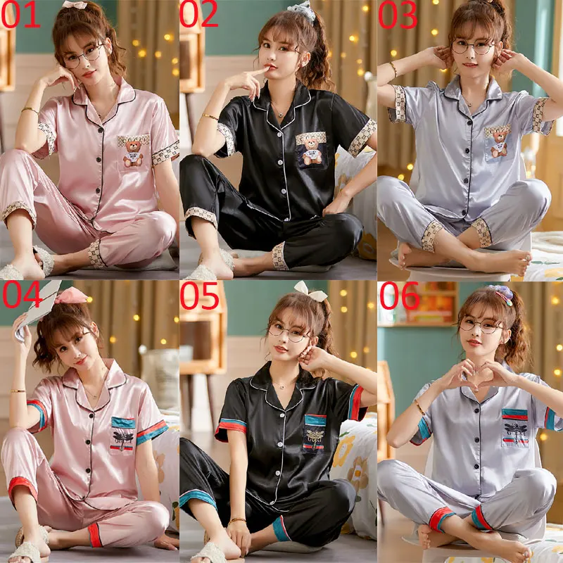 

New Cartoon Print Pajamas Set For Women Sweet Girls Sleepwear Short Sleeve Long Trousers Loose Female Homewear Suit