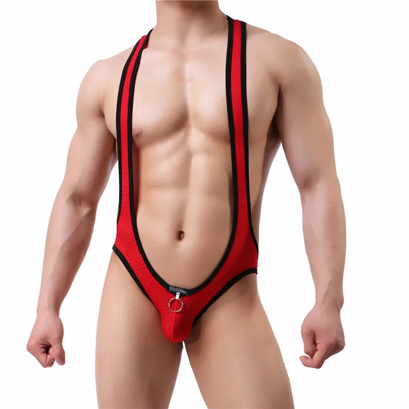 Mens Undershirts Mesh One-Piece Bodysuits Leotard Wrestling Singlet Backless Jumpsuit Hombre Underwear Male Penis Pouch Briefs