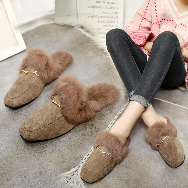 Женские пушистые тапочки 2019 женские милые металлические сандалии меховые зимние