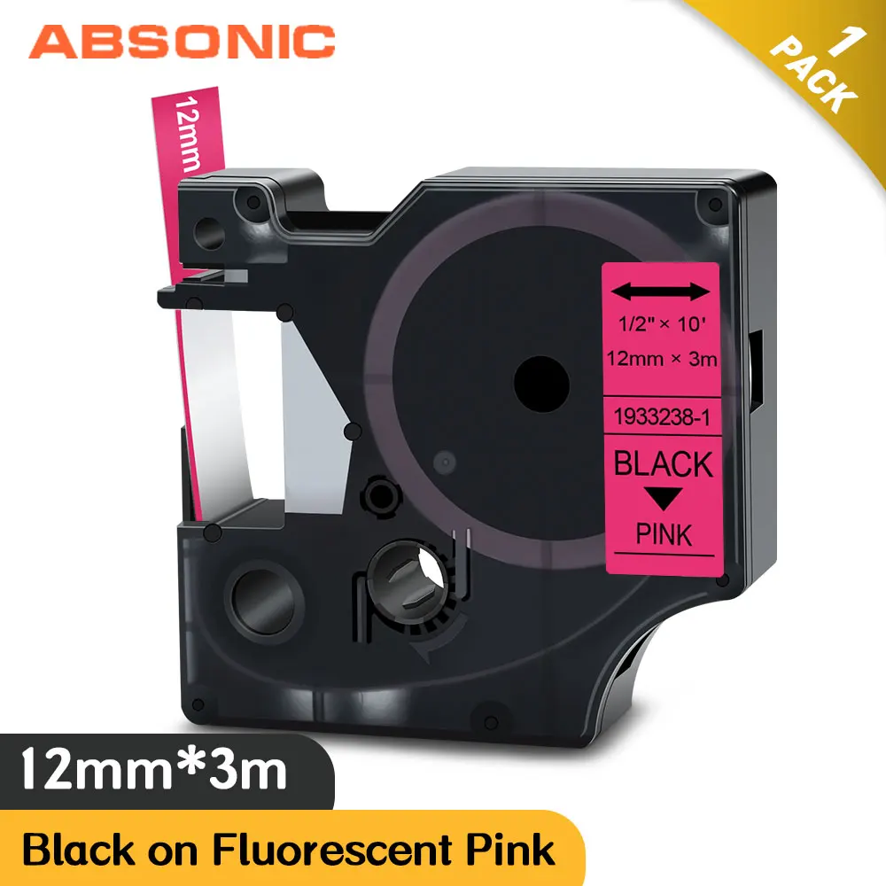 Absonic 12 мм этикетка 1933238-1 совместимая D1 лента черная на флуоресцентной розовой
