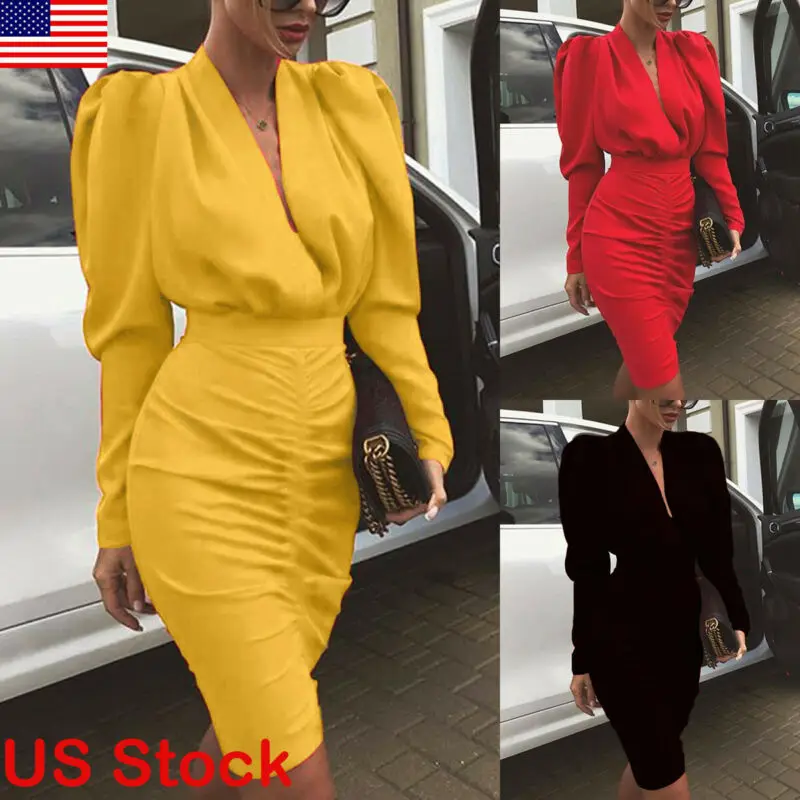 Свяжитесь с нами для женщин модные однотонные Стиль v образный вырез длинное платье миди дамское облегающее
