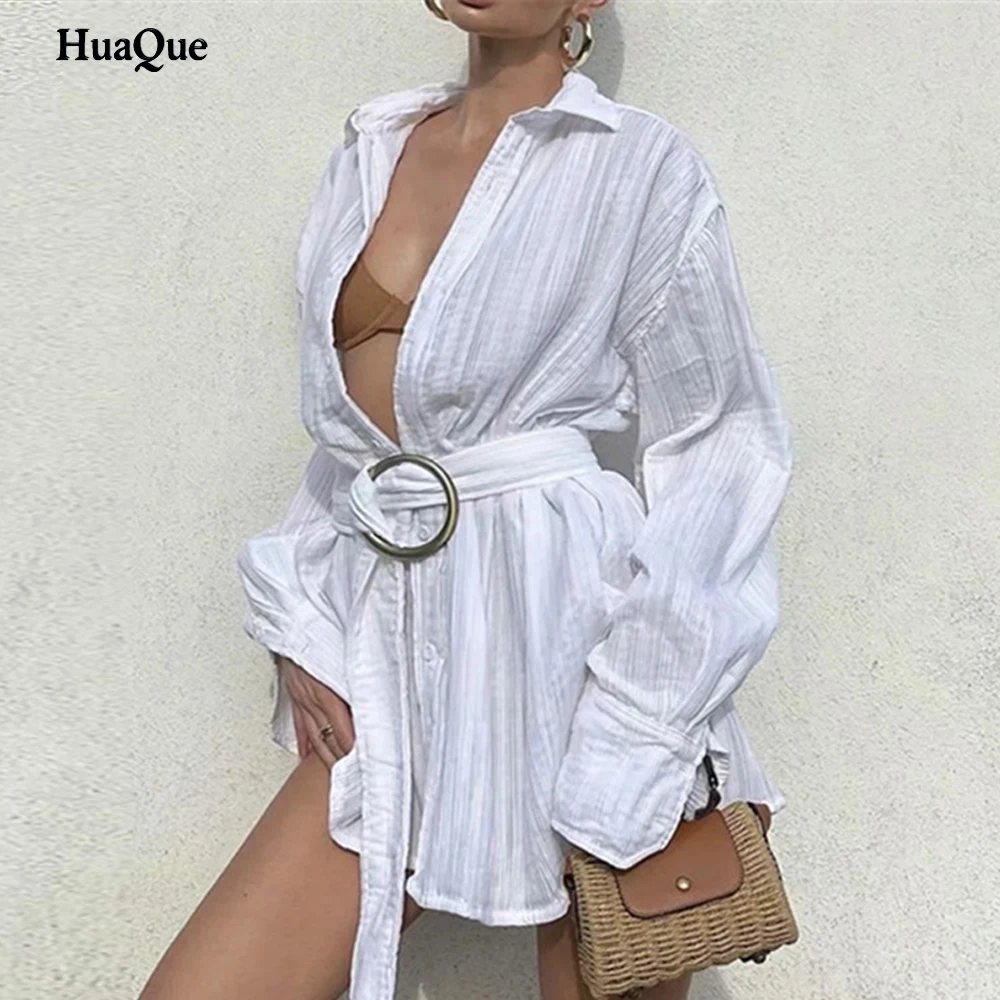 

Belted shirt dress women loose sexy V-neck high waist mini dress long sleeves pure white corset casual dress shirt elegant dress