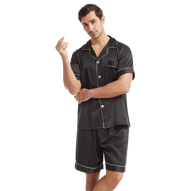 Matt Satin Short-sleeved Pyjamas Set Plus Size Home Service Summer Men's Lapel Solid Color Pajamas Set