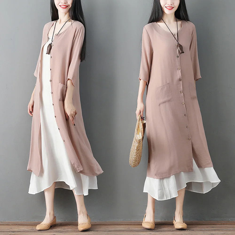 Women Summer Beach Bikini Cover Up Linen Long Dress Cardigan Jacket Coat Tops |