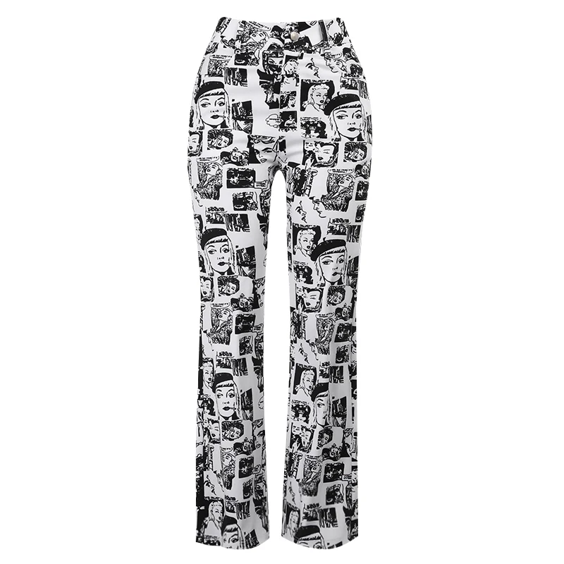 

2021 Fashion Women's Pants Trousers Autumn High Waist Comic Print Full Length Pants Streetwear Casual Wide Leg Pants