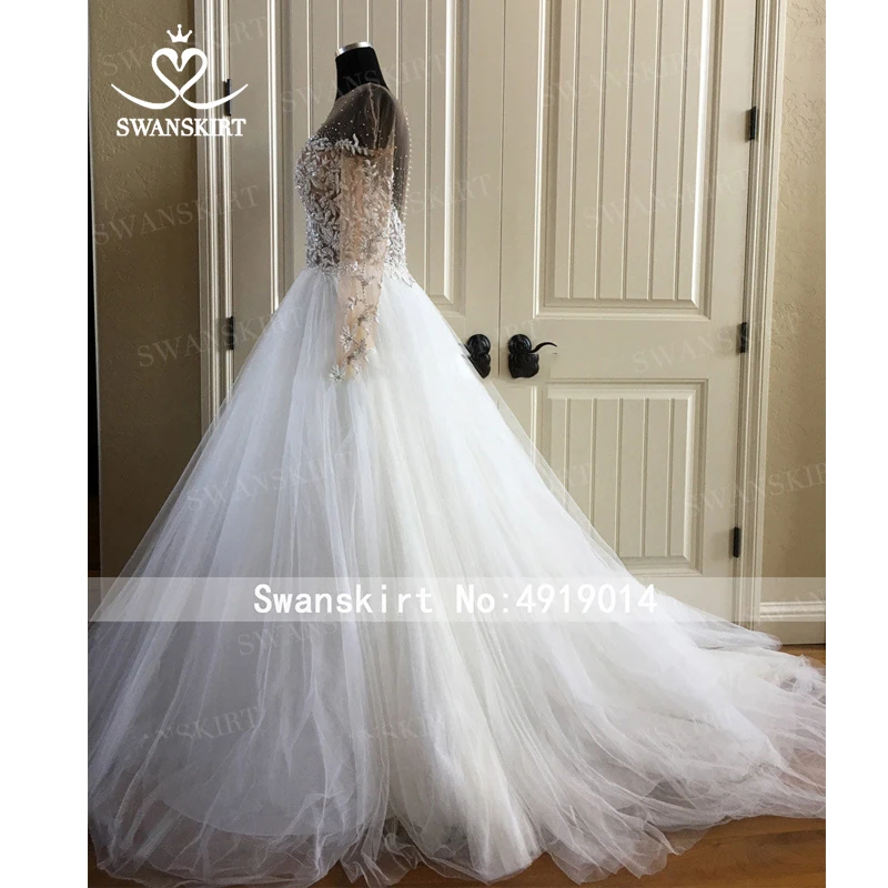 Fairy Tulle Wedding Dress Swanskirt Sweetheart Long Sleeve Illusion A-Line Princess Bride Gown Princess Robe De Mariee I169