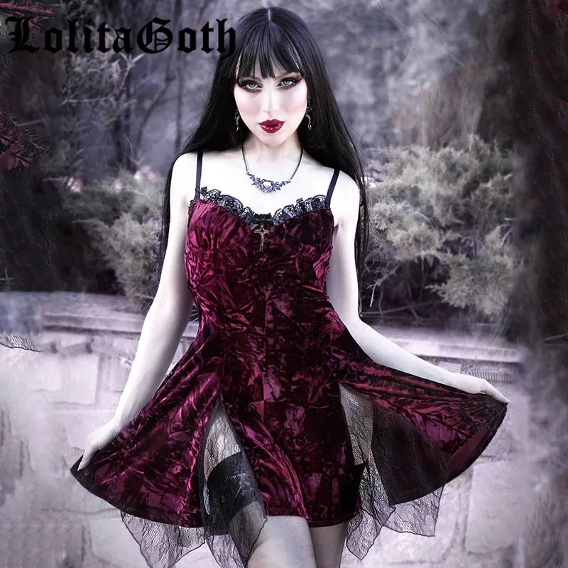 

Lolita Goth Grunge Lace Women Mini Dresses Punk Aesthetic Emo Summer Tank Crop Top Party Dress Cross Print Clubwear