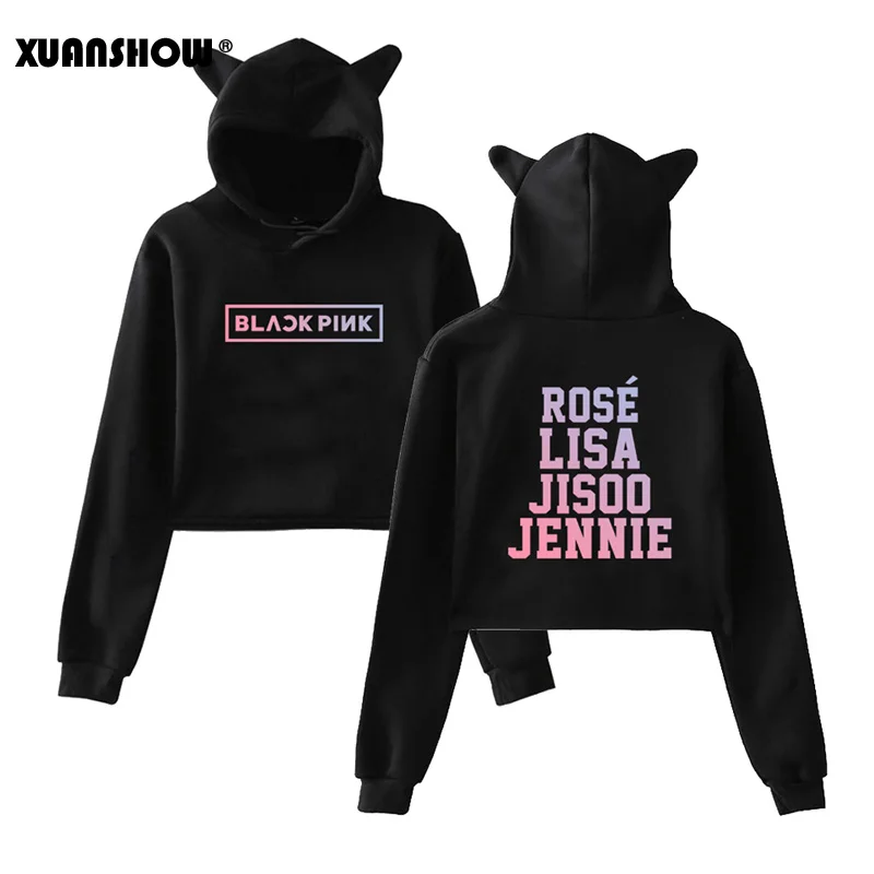 Black Gradient XUANSHOW сексуальный короткий Милый Толстовки женские Толстовки Длинный рукав BlackPink Kpop одежда Толстовка с капюшоном - Цвет: Black Gradient