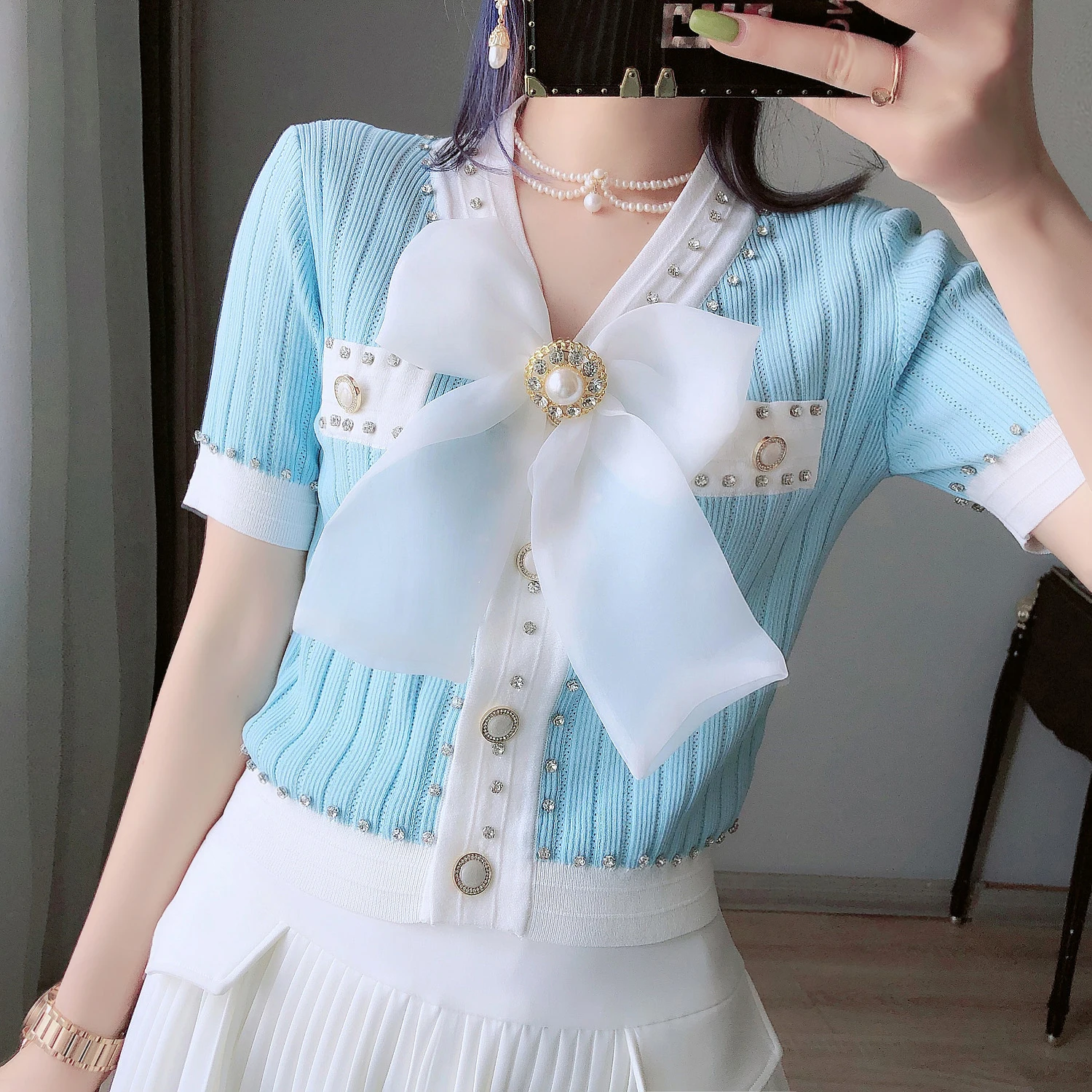 

Women Cute Summer Cardigan Crop Top 2021 Sweet Big Bows Appliques Diamonds Beaded Short Sleeve Slim Sweater Shirt Ladies Tops