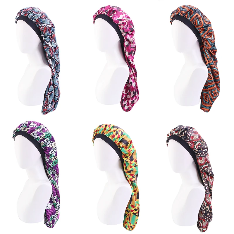 

African Pattern Women Satin Bonnet Double Layer Long Bonnet Bonnet Night Sleep Cap Hair Care Chemo Cancer Hat Ladies Turban