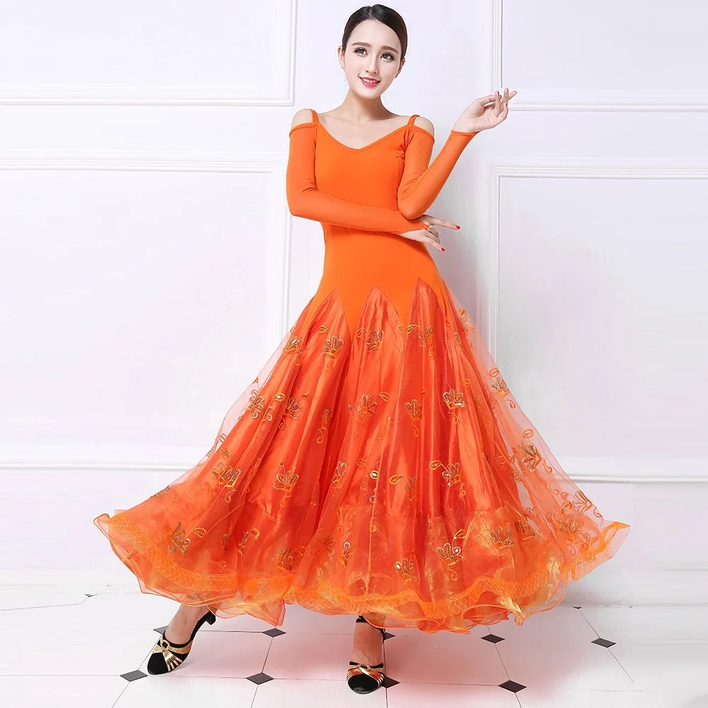 orange ballroom dress standard dance costume tango costumes viennese waltz big swing foxtrot | Тематическая одежда и