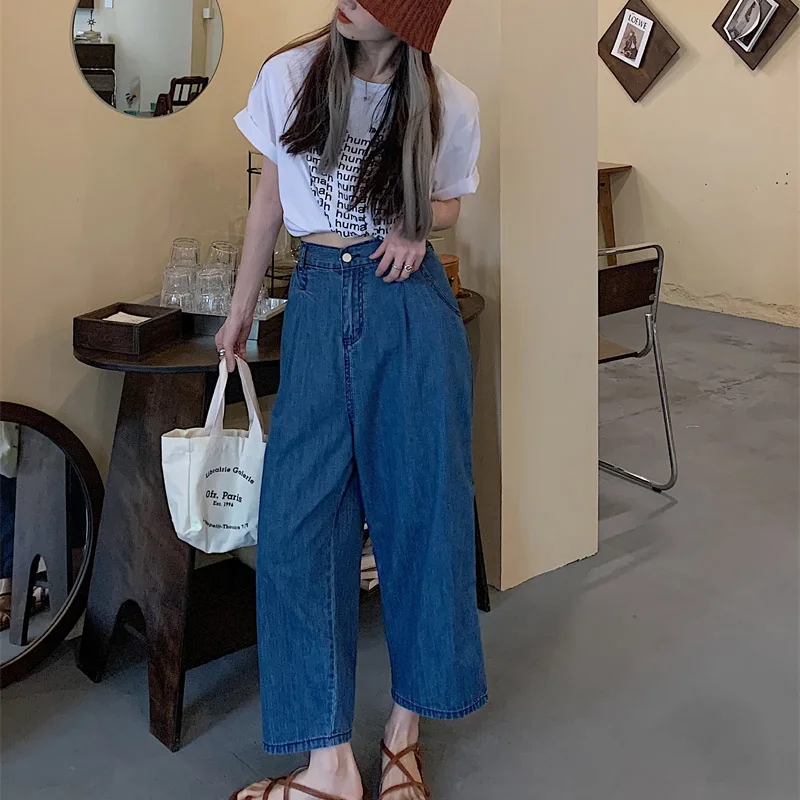

Wide Leg Jeans For Women Baggy Denim Pants High Waist Full Length Clothing Trousers Vintage Streetwear 2021 New Summer Thin