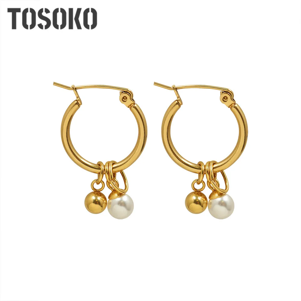 Ювелирные изделия TOSOKO из нержавеющей стали, маленькие круглые серьги золотистого цвета серьги с подвесками в виде шара, женские изысканные ...