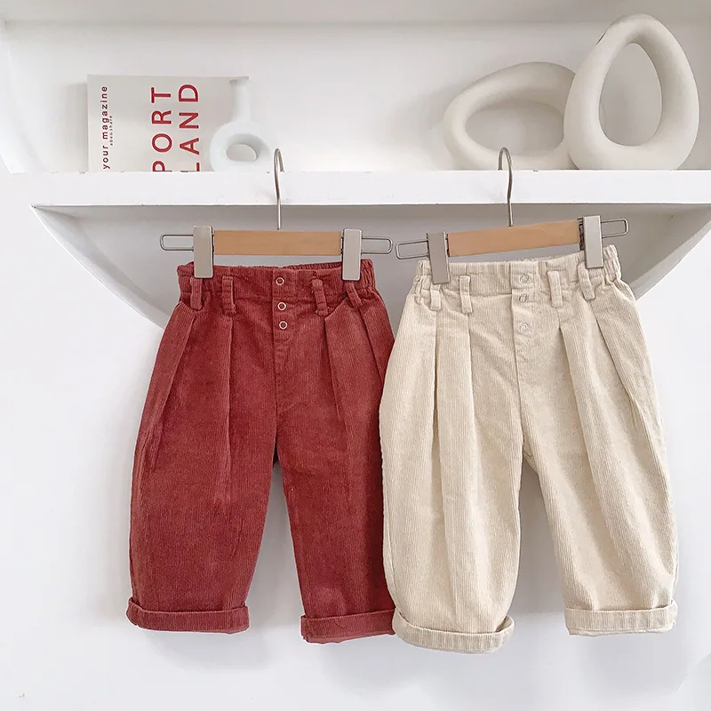 Autumn kids children solid color corduroy casual pants boys girls Grinding thicken trousers 1-6Y | Мать и ребенок
