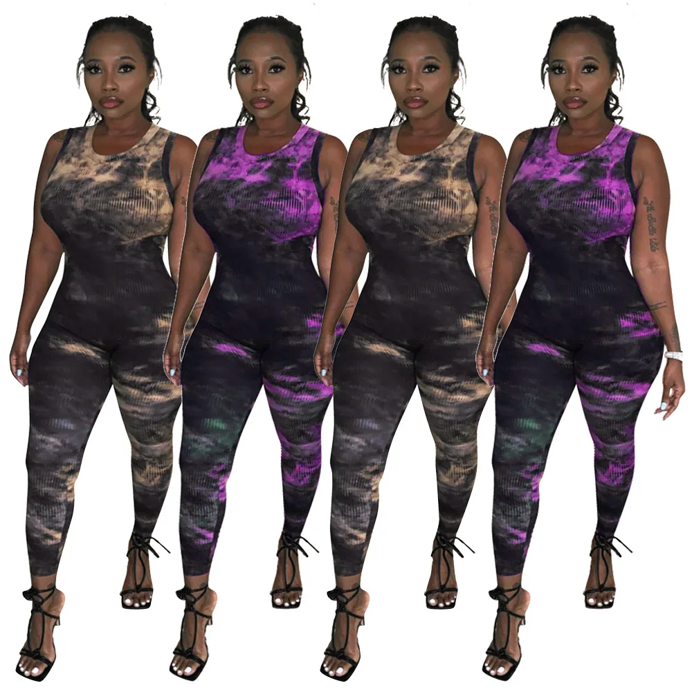 

Трикотажный ребристый комбинезон для активного отдыха с принтом галстука-красителя; Женский спортивный комбинезон без рукавов; Комбинезон...