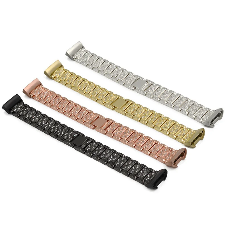 

Bling Diamond Stainless Steel Strap Watch Band For Fitbit Charge 3 Metal Bracelet Adjustable Strap Link Watch Accessories