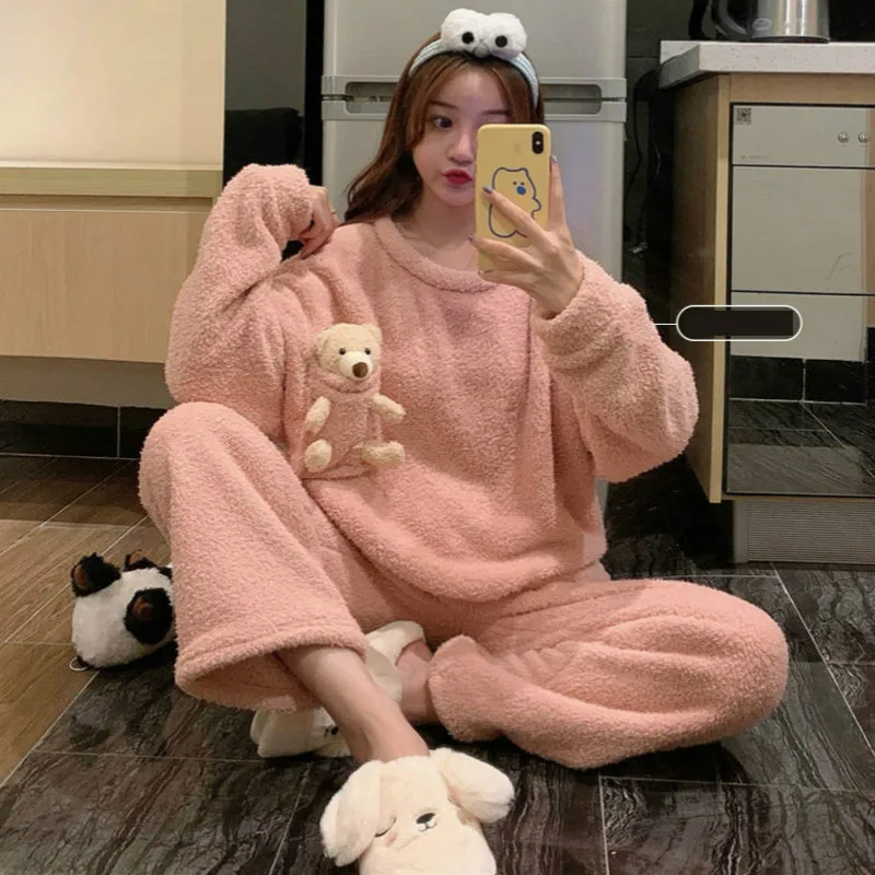 Women Pajamas Autumn and Winter Sleepwear Cartoon Sweet and Cute Thickening Plus Velvet Warm Home Wear Clothes Fashion Pyjamas