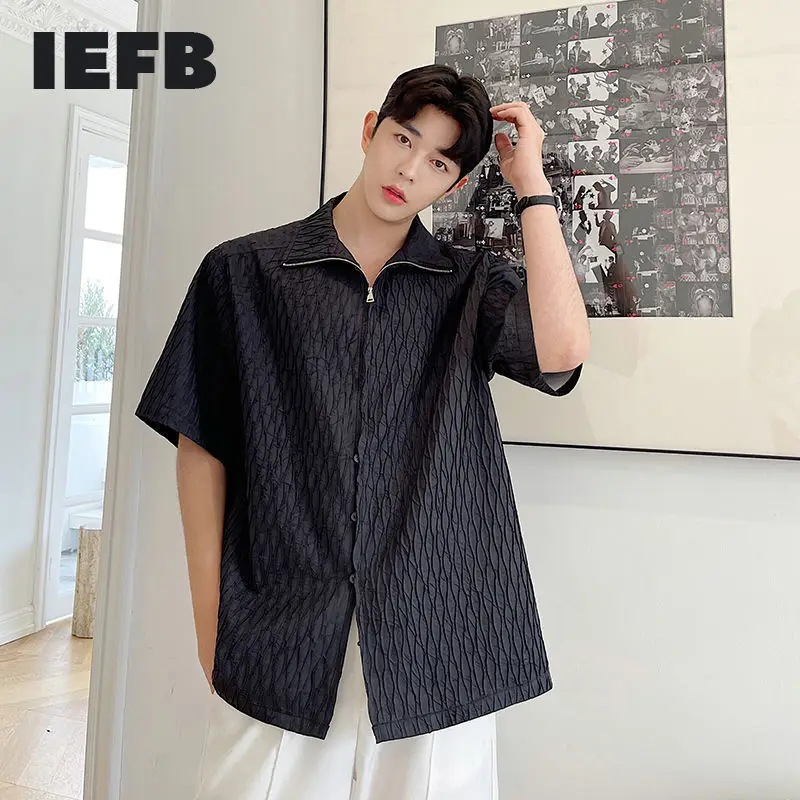 

IEFB 2021 летние Ins твердой Цвет плиссированные топы с воротником-стойкой и с застежкой-молнией и пуговицами с коротким рукавом рубашка черного ...