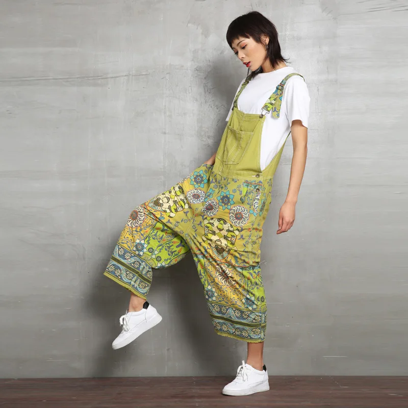 Женский джинсовый комбинезон с принтом повседневный длинный из денима широкими