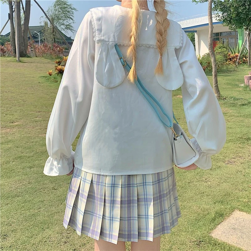 

Японская Корейская белая блузка в стиле "Лолита", свободные кружевные блузки с милыми кроличьими ушками, женские милые осенние Мягкие Рубаш...