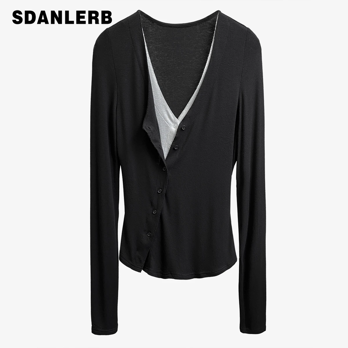 

Рубашка трикотажная эластичная из двух частей контрастных цветов, весна-осень 2021, модный топ, кардиган, женская трикотажная одежда, базовый ...