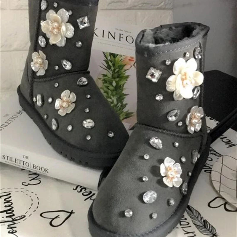 Женские сапоги ручной работы из искусственной кожи с жемчужинами и хлопковой