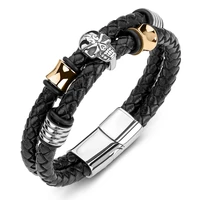 double layer genuine leather braided bracelets for men stainless steel skull punk bangles skeleton jewelry male wrist band p188
