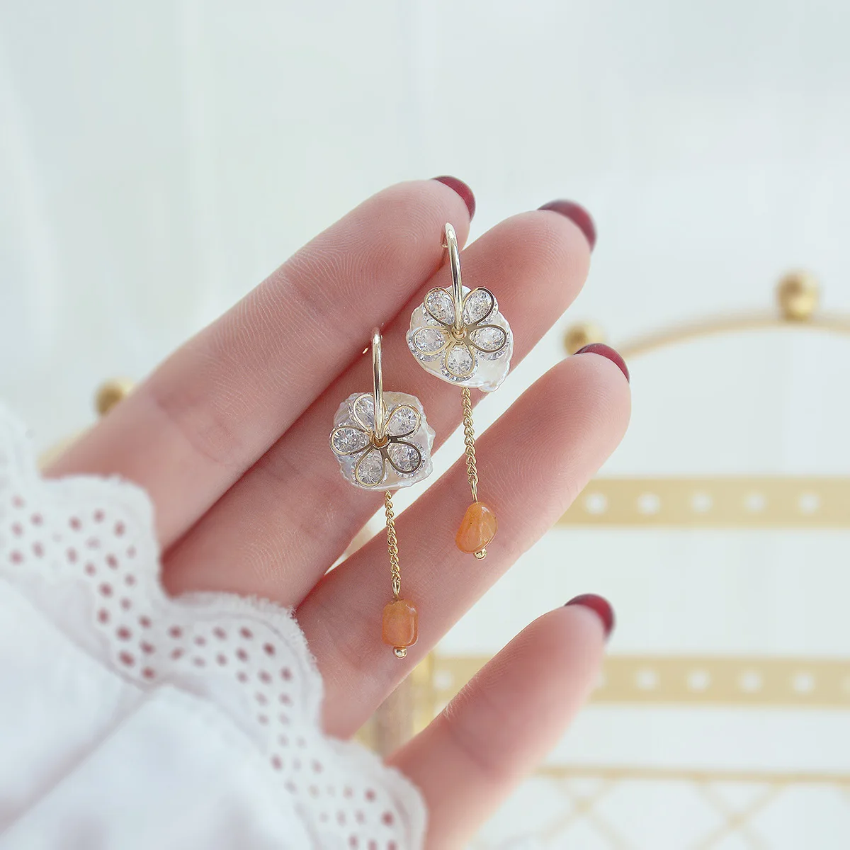 

2021 new arrival 14K real gold plated flower long stud earrings for women luxury jewelry zircon earrings