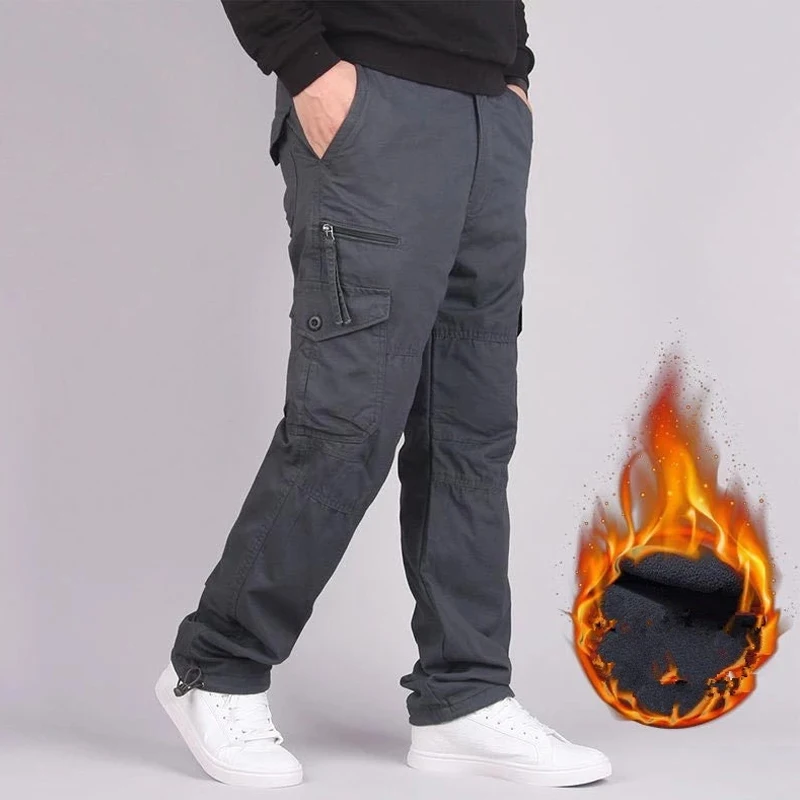 Брюки мужские зимние с флисовой подкладкой хлопковые прямые свободные штаны