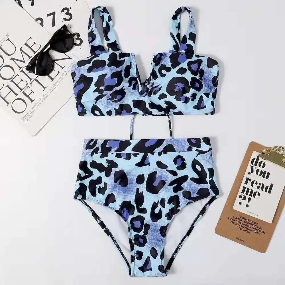 

2021 Swimsuit Leopard Print Deep V Sling Women's Split Bikini 2 Piece Set Women